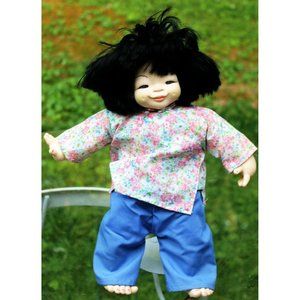 Vtg Mieler Doll Oriental Soft Body Girl Doll Plastic Head Hands Feet Floral Top